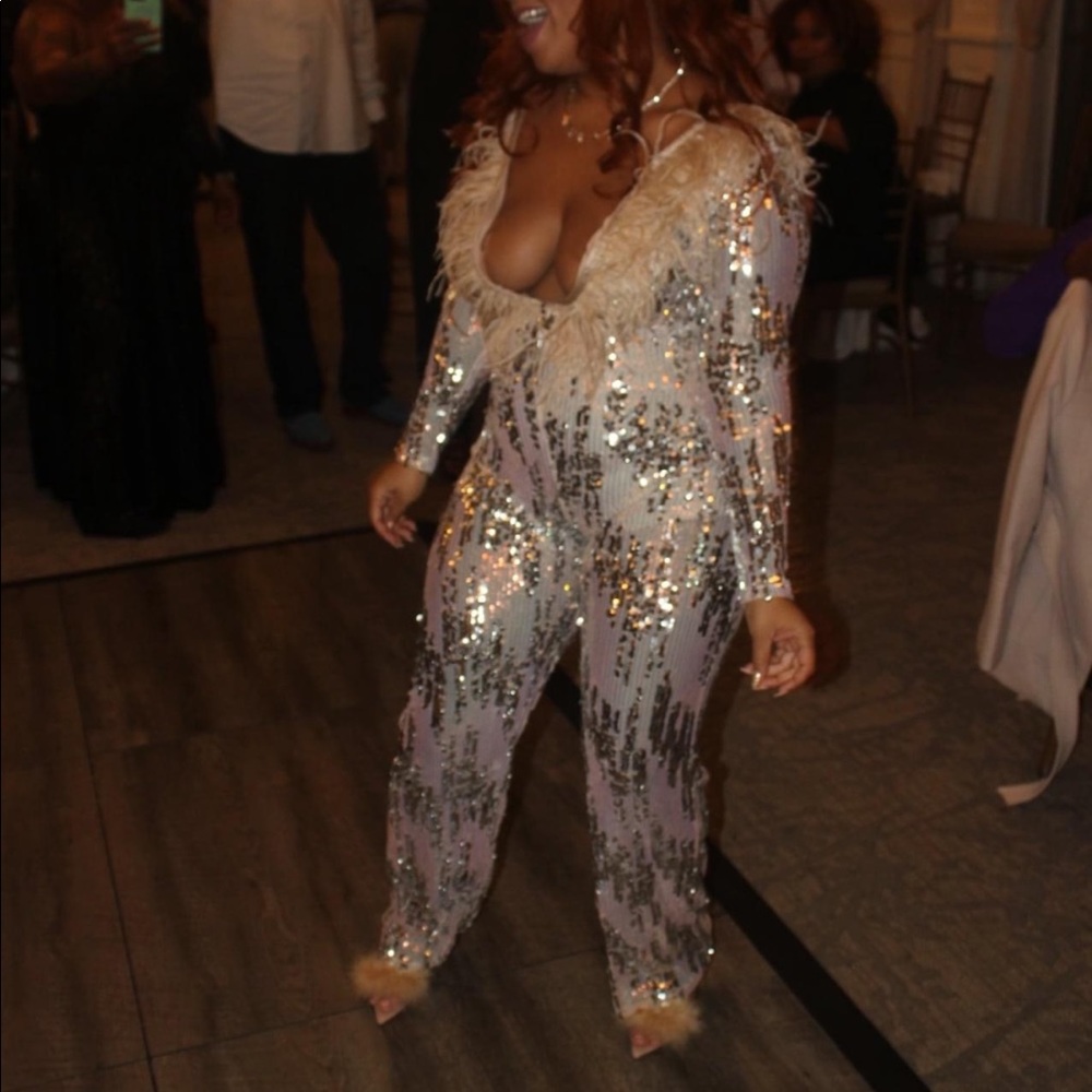 BFlyla nude iridescent sequin jumpsuit